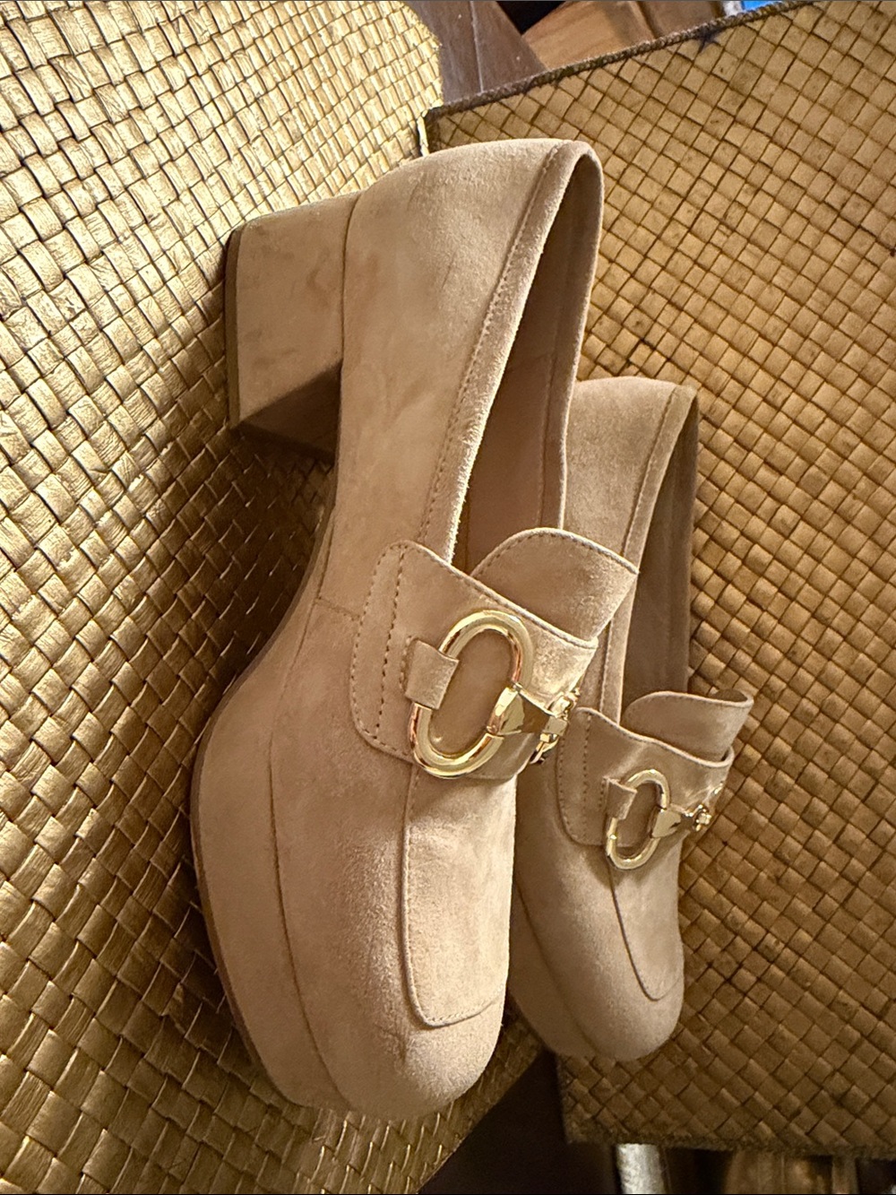 Jeffrey Campbell Taupe Suede Platform Loafers with Gold Hardware